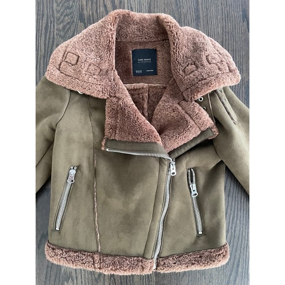 ZARA olive green brown faux suede/sherpa teddy moto jacket Sz. XS - Picture 3 of 9